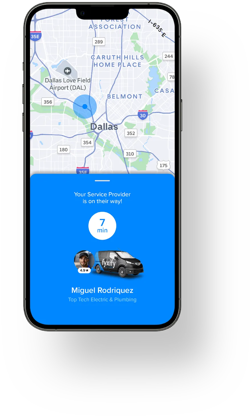Fyxify app tracking a service professional's arrival in real time